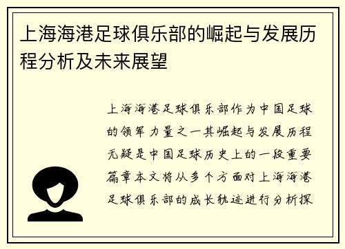 上海海港足球俱乐部的崛起与发展历程分析及未来展望